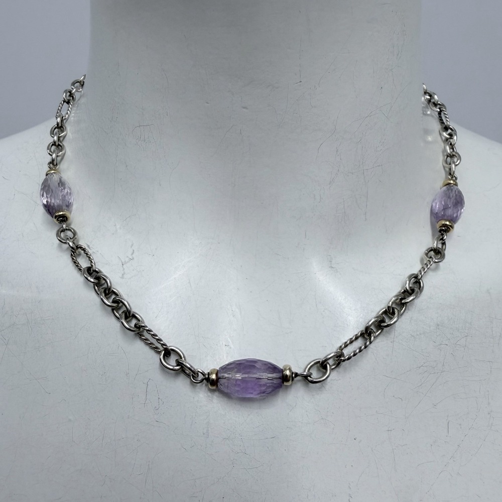 David Yurman Sterling 18K Gold Amethyst Bijoux Figaro Necklace 21 Grams 17" Long - Picture 7 of 10